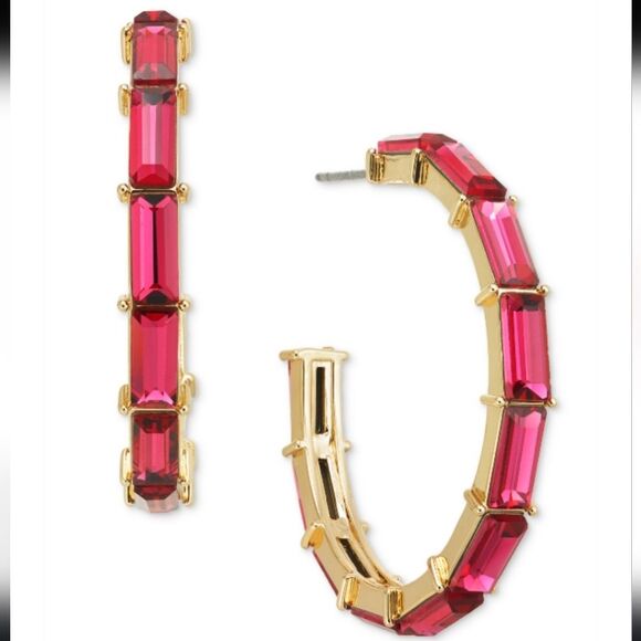 🎁Medium Baguette Pink Crystal C-Hoop Tennis Earrings, 1.3", Created for Macy's - Picture 2 of 4